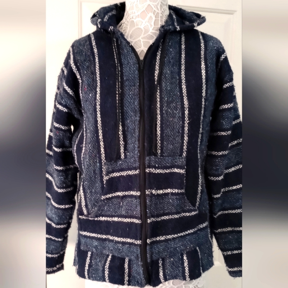 Mr Baja Zip Hoodie. Blue Stripes. Unisex size Medium. Made in Mexico.